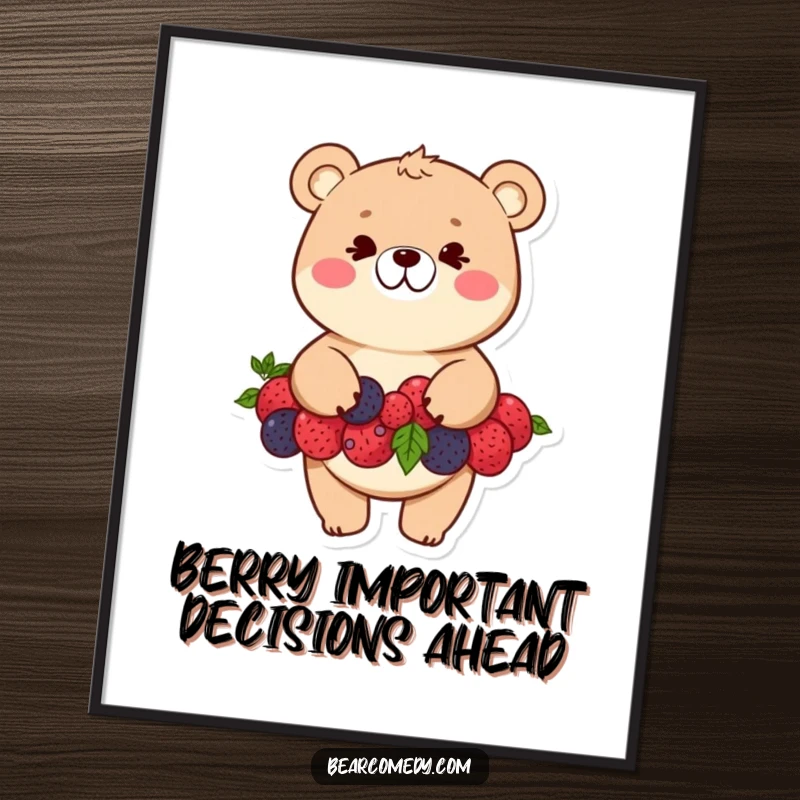 Funny Free Printable Wall Art: A mischievous bear with a wide grin skillfully balancing a tall stack of juicy berries.