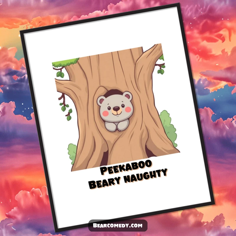 Funny free printable wall art of a bear peeking from behind a giant tree with a distinctly mischievous and playful expression.