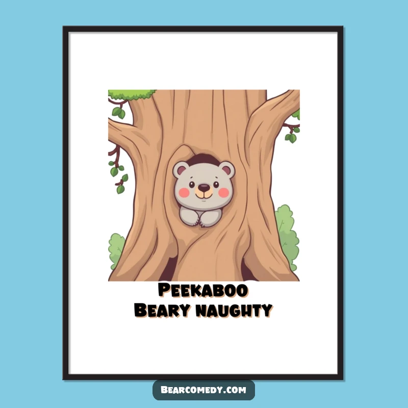 Funny Free Printable Wall Art: Mischievous Bear Behind Tree, Downloadable Peek for Your Walls