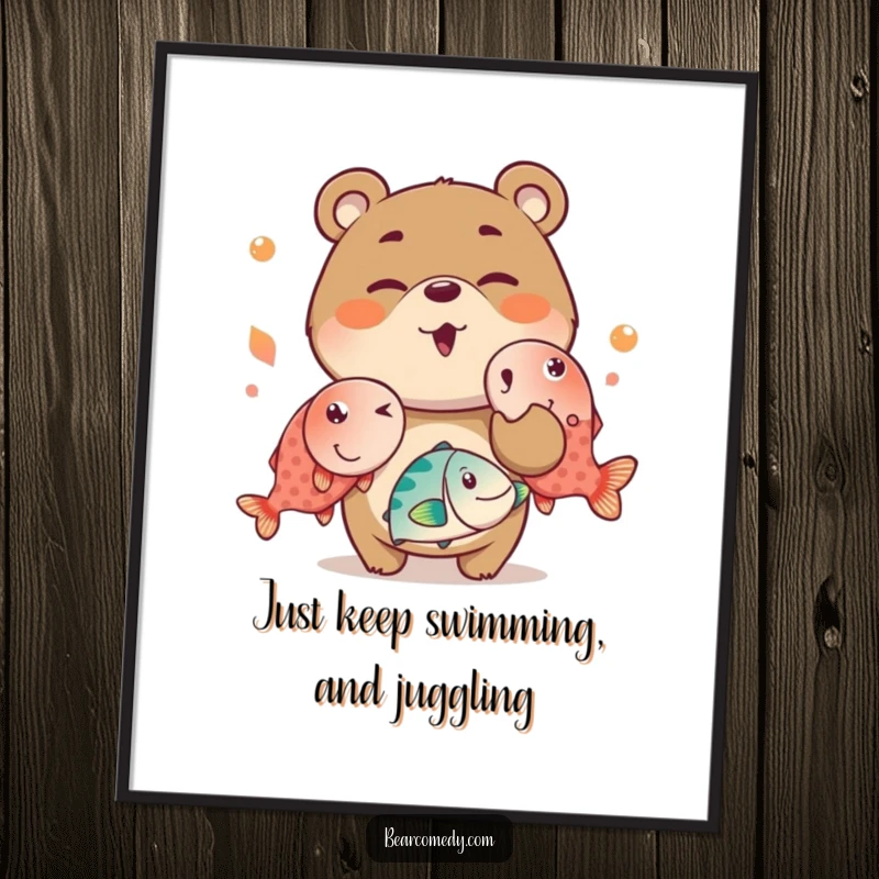 Funny Free Printable Wall Art: A mischievous bear winks cheekily while juggling oversized, brightly colored fish, a whimsical scene.