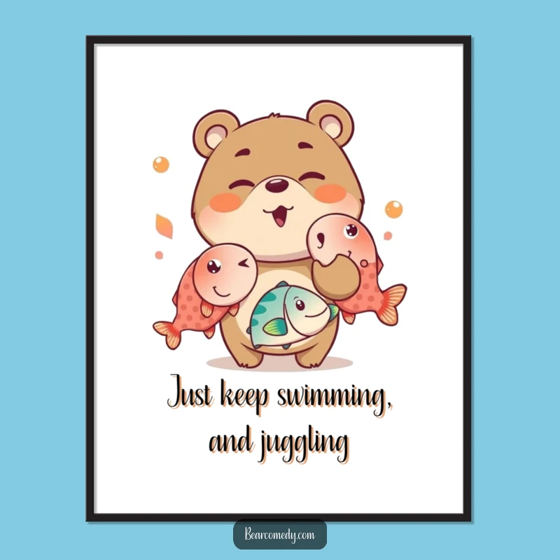 Funny Free Printable Wall Art: Winking Bear Juggling Fish, Downloadable Art