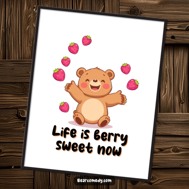 Funny Free Printable Wall Art: A happy bear juggles several bright, bouncing berries, adding a whimsical and colorful touch.