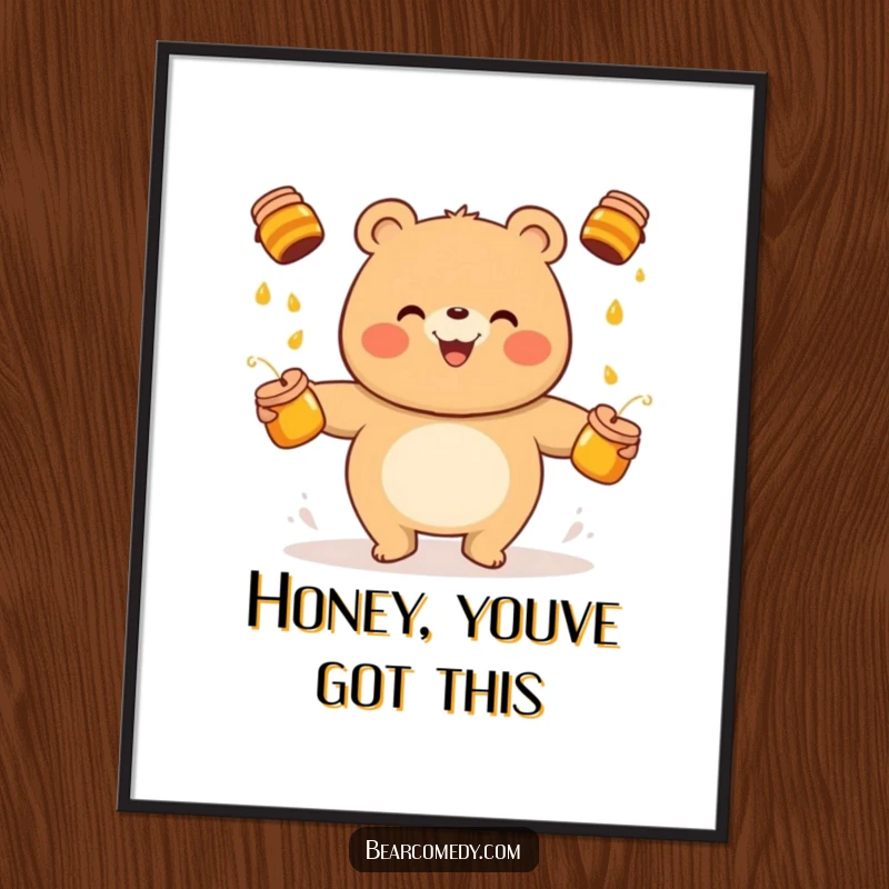 Funny Free Printable Wall Art: A round bear with a cheerful grin juggles honey pots, bringing sweet humor to your decor.