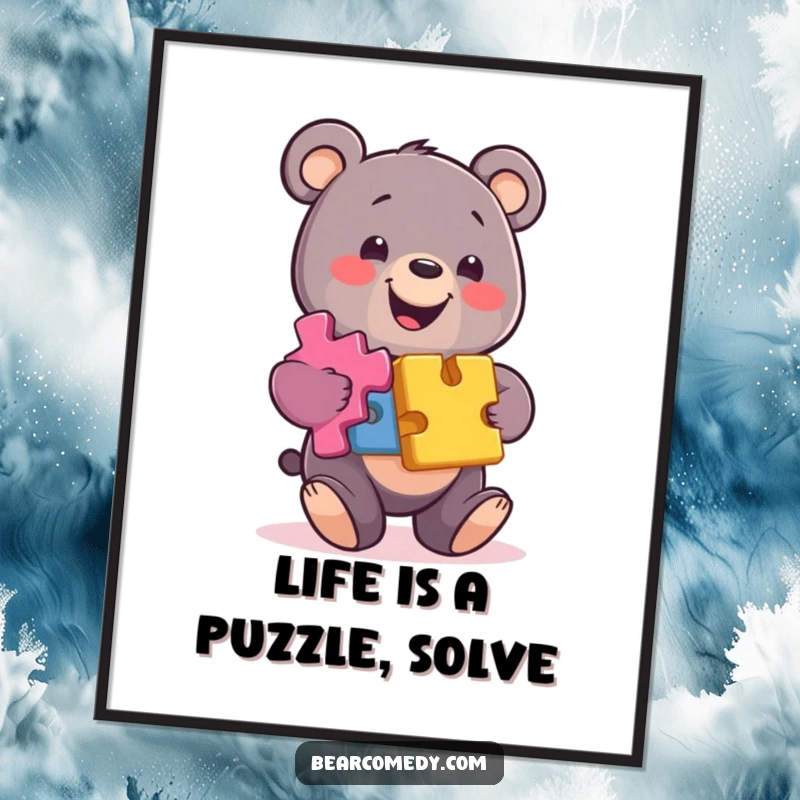 Funny Free Printable Wall Art: A smiling bear character balances a stack of colorful puzzle pieces, creating a whimsical display.