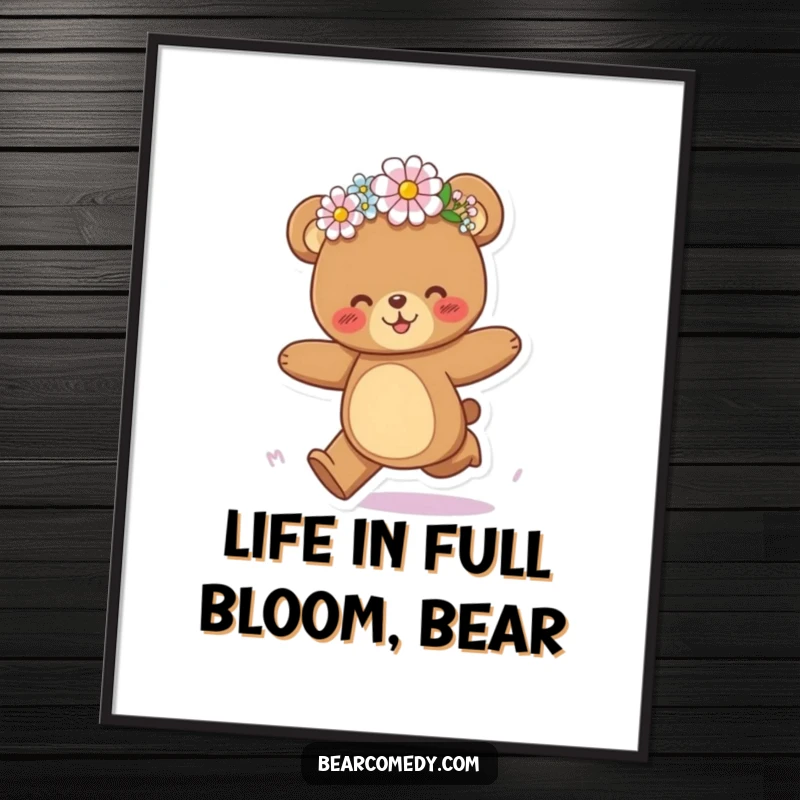 Funny Free Printable Wall Art: A bear with a flower crown askew, galloping joyfully with wind in its fur.