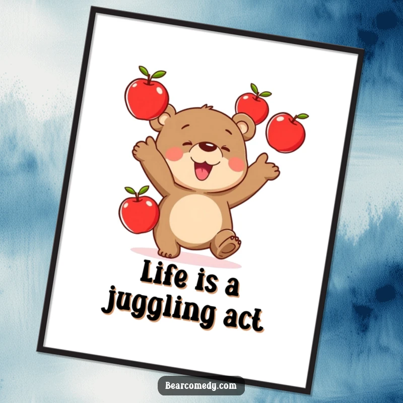 Funny Free Printable Wall Art: A bear gleefully juggles three round red apples with impressive dexterity and a wide smile.