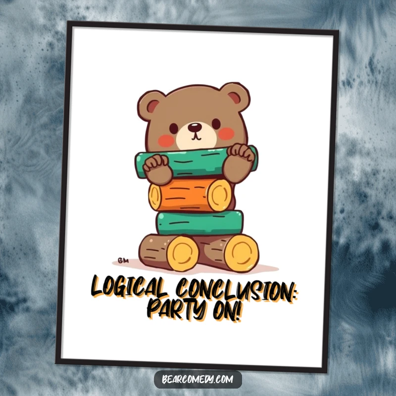 Funny Free Printable Wall Art: Comical bear precariously balancing a huge stack of colorful logs, whimsical decor.