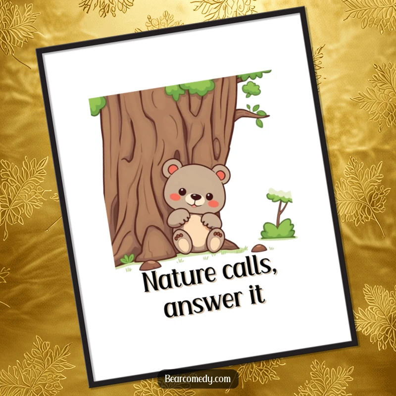 Funny Free Printable Wall Art: A curious bear peeks from behind a giant, friendly tree, bringing a touch of nature and humor.