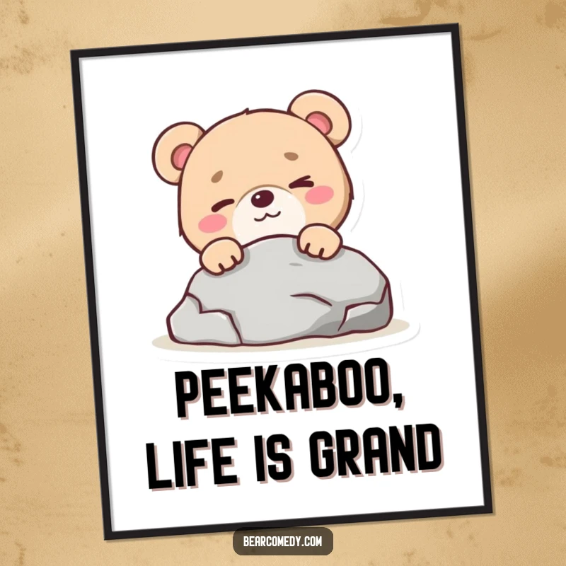 Funny Free Printable Wall Art: A mischievous bear character winks slyly while peeking from behind a rock, adding playful charm.
