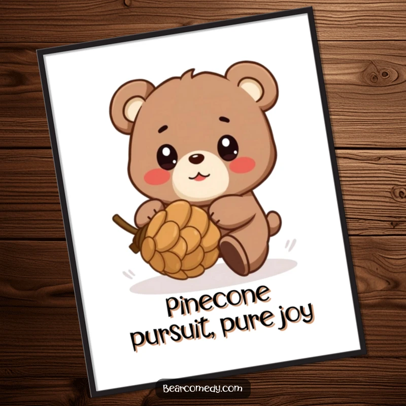 Funny Free Printable Wall Art: Bear playfully chasing a rolling pinecone, eyes sparkling with pure glee.