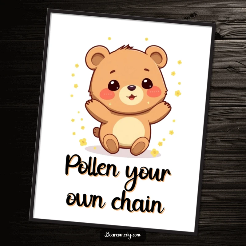 Funny Free Printable Wall Art: A gleeful bear spinning with delight, covered in sparkling pollen, bringing joy to your space.