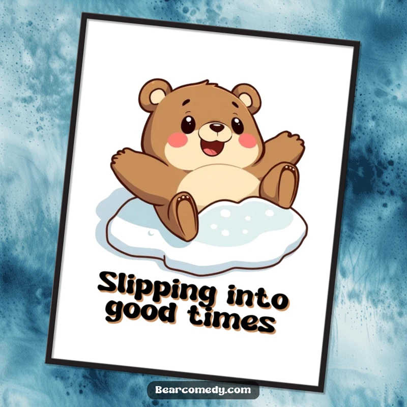 Funny Free Printable Wall Art: A bear character comically slides on a slick icy patch with surprised delight.