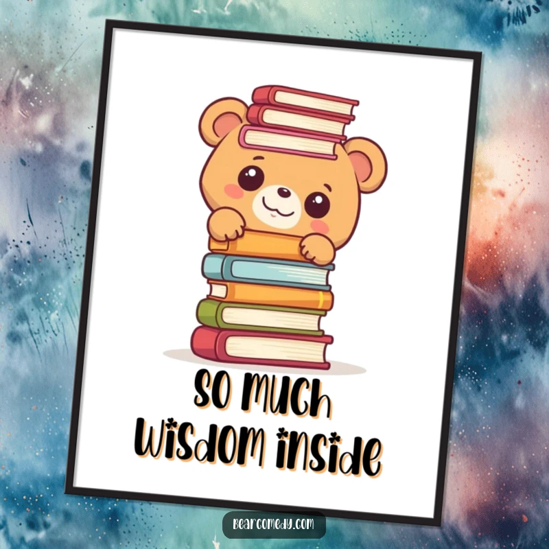 Funny Free Printable Wall Art: A bear peeks with joyful curiosity from behind an immense stack of vintage books, adding charm.