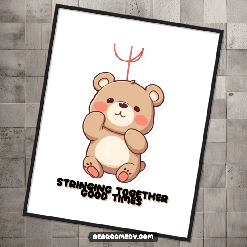 Funny Free Printable Wall Art: A cartoon bear with wide eyes, playfully batting at a dangling, brightly colored string.