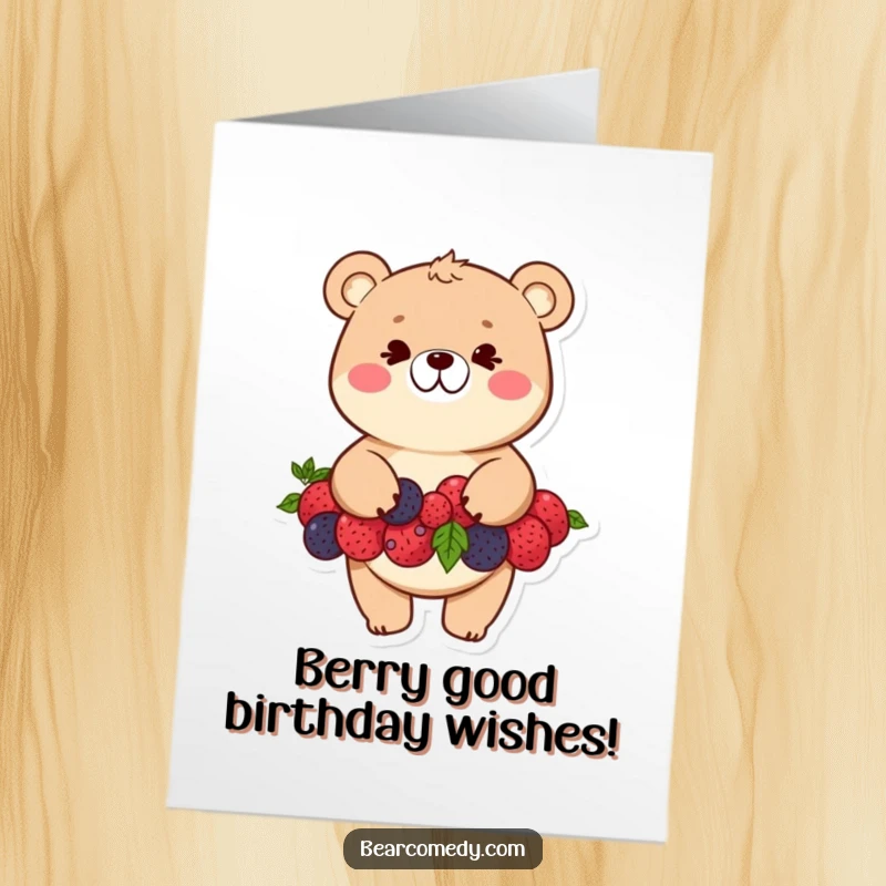 Funny Free Printable Birthday Card of a bear with a mischievous grin balancing a tall stack of juicy berries.