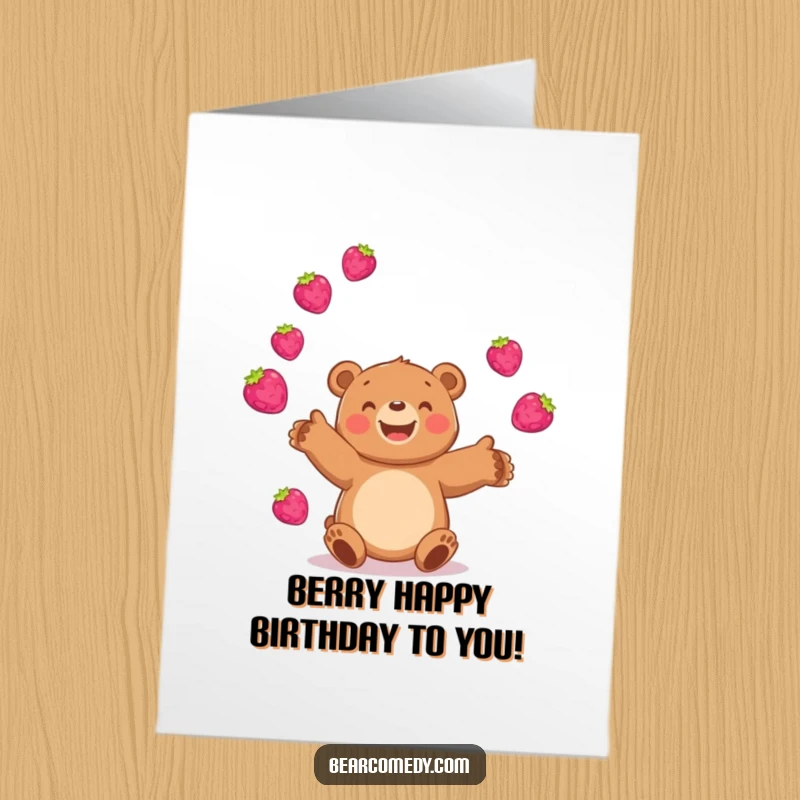 Funny Free Printable Birthday Card: A happy bear juggles several bright, bouncing berries, celebrating a fruitful birthday.