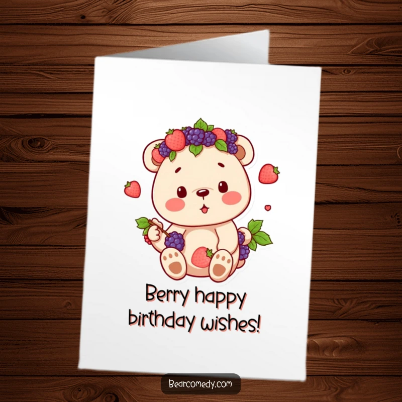 Funny Free Printable Birthday Card: Bear wearing a crown of berries, happily enjoying its sweet bounty.