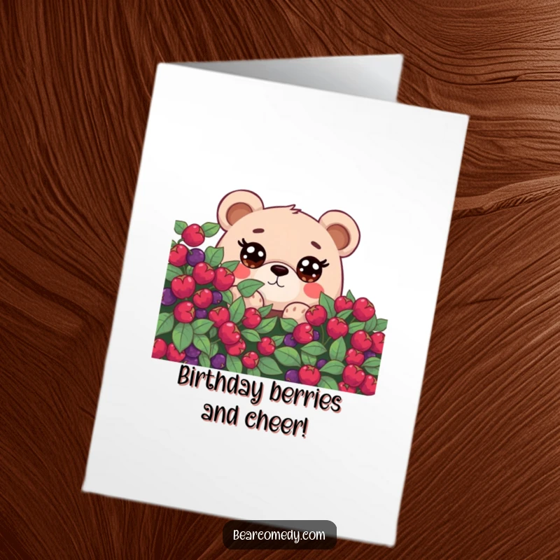 Funny Free Printable Birthday Card: A bear with huge, curious eyes peeking playfully from behind a lush berry bush.