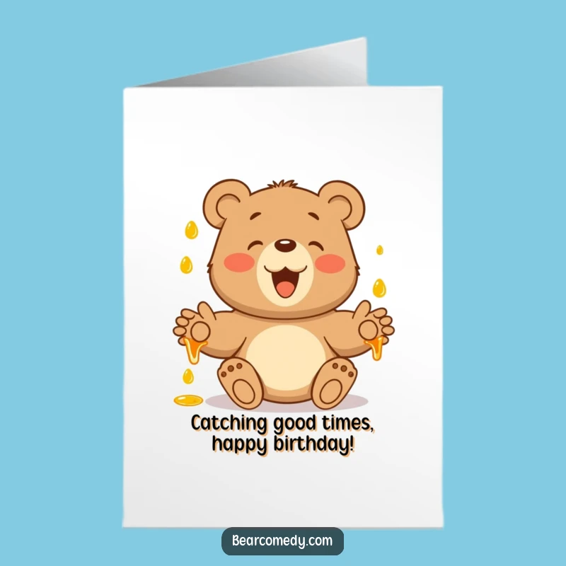 Free Printable Bear Birthday Card: Funny Honey Drop Catch Downloadable Gift
