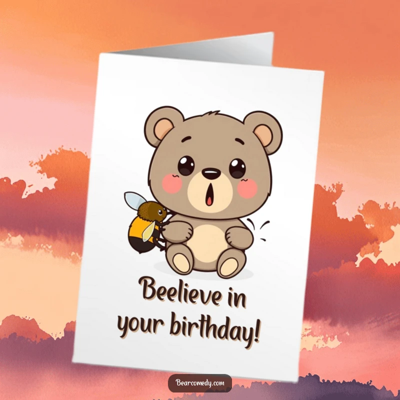 Funny Free Printable Birthday Card: A surprised bear gets a boost from a friendly bumblebee, a truly hilarious DIY gift.