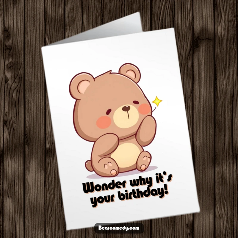 Funny Free Printable Birthday Card showing a curious bear examining a sparkling firefly with head tilted.