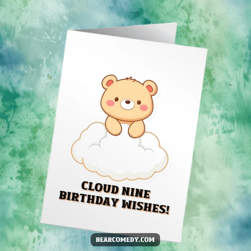 Funny Free Printable Birthday Card: A smiling bear rides a fluffy white cloud, a whimsical and humorous DIY gift.