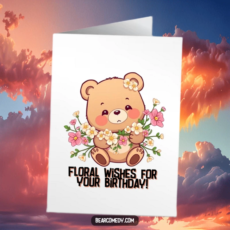 Funny Free Printable Birthday Card: A playful bear is tangled in a beautiful flower garland, a humorous DIY gift.