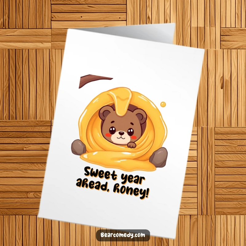 Funny Free Printable Birthday Card: Bear peeking wide-eyed from a giant, swirling honey stream, ready to celebrate with sweet wishes.