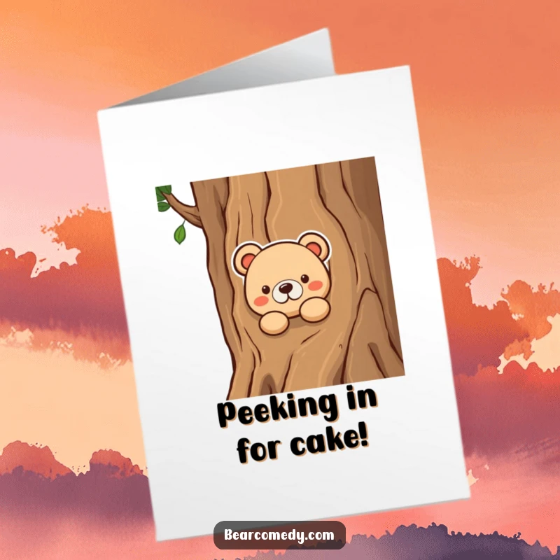 Funny Free Printable Birthday Card: Bear peeking curiously from behind a large tree trunk.