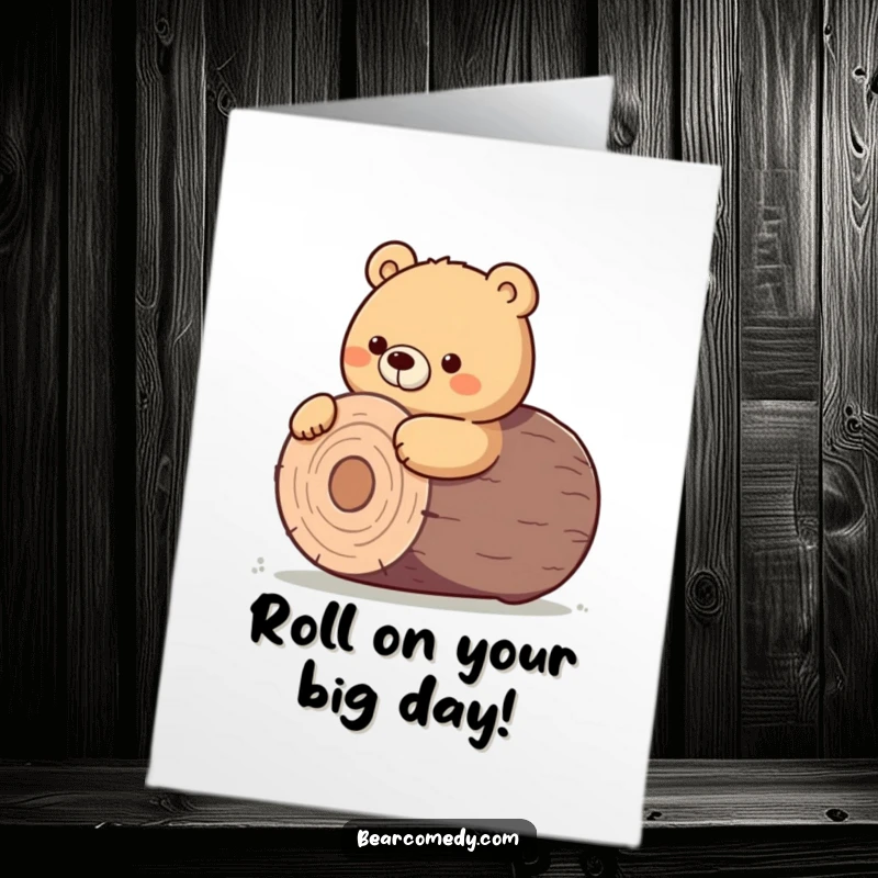 Funny Free Printable Birthday Card: A determined bear puts all its might into nudging a giant, round log forward.