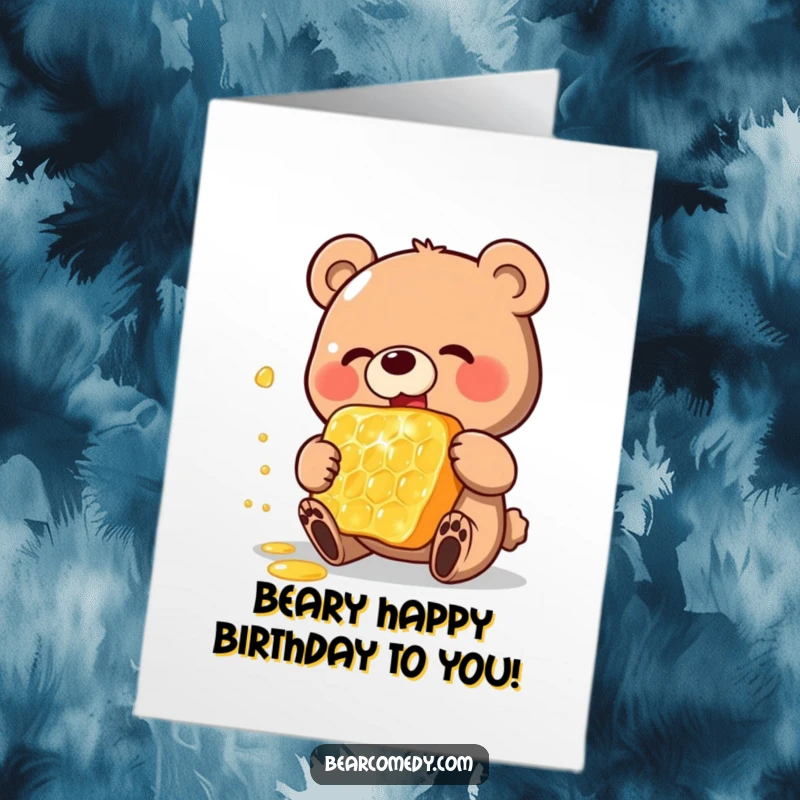Funny Free Printable Birthday Card: A happy bear devours a massive honeycomb with pure joy, perfect for your celebration.
