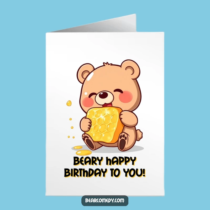 Free Printable Birthday Card: Funny Bear Eating Honeycomb, Downloadable DIY Gift