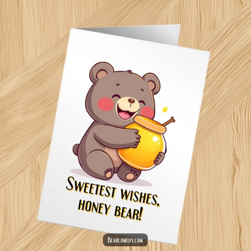 Funny Free Printable Birthday Card: Smiling bear joyfully hugging an oversized, radiant honey pot, ready for a sweet celebration.