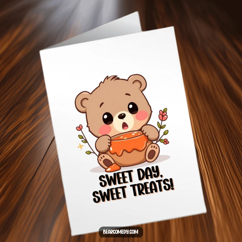 Funny Free Printable Birthday Card: A bear lets out a surprised squeak upon discovering a hidden pot of delicious jam.
