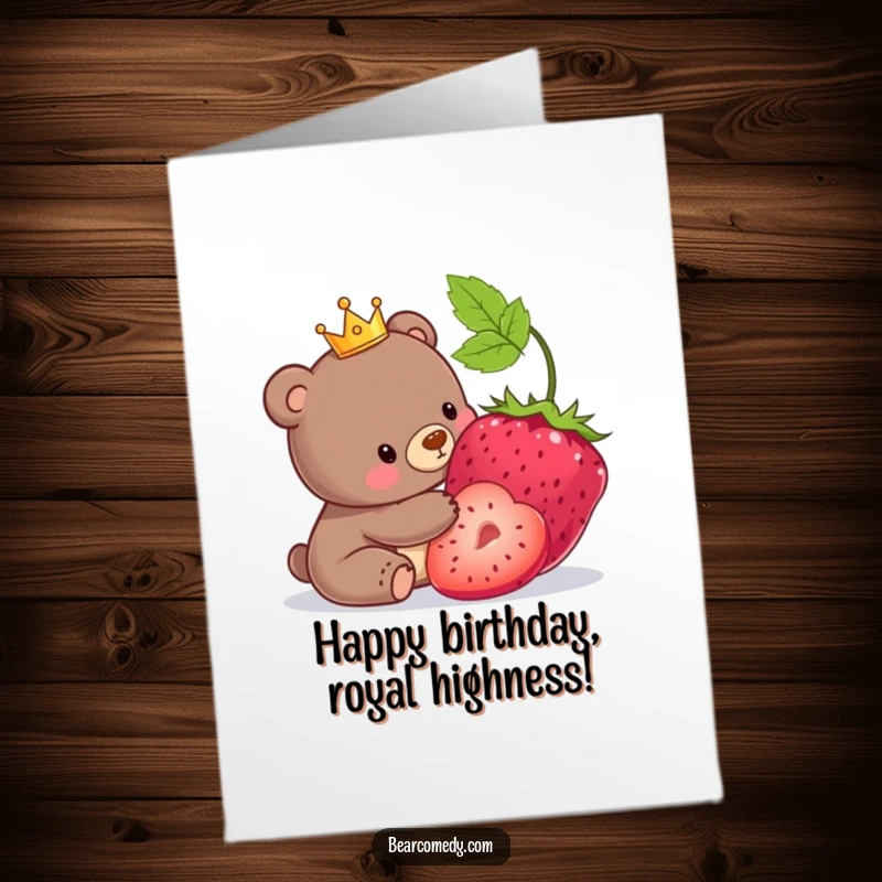 Funny free printable birthday card featuring a bear in a tiny crown playfully nudging a giant berry. Royal celebration humor.