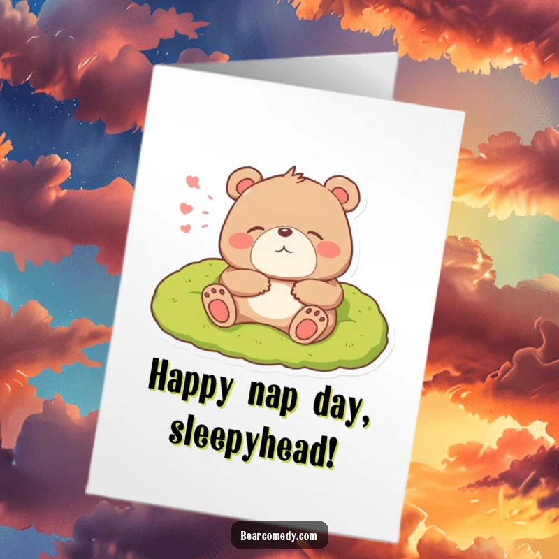 Funny Free Printable Birthday Card: A bear lets out a big, happy sigh while lounging contentedly on a soft, mossy bed, pure relaxation.