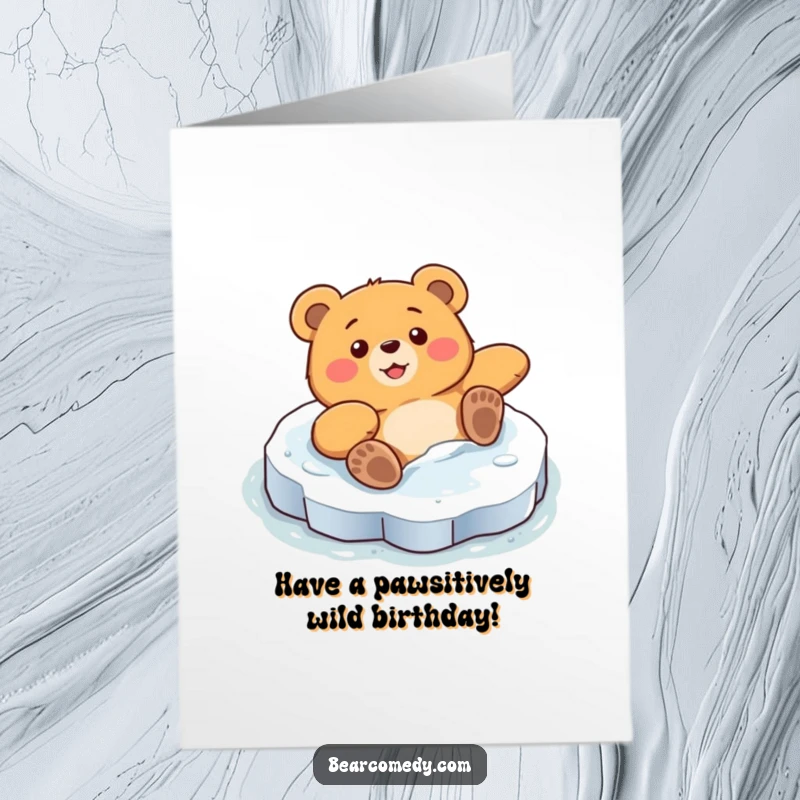 Funny Free Printable birthday card, bear comically sliding on ice, surprised delight, joyful expression, downloadable.