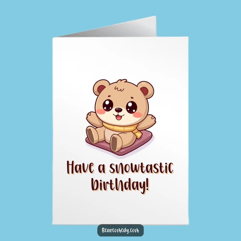 Free Printable Birthday Card: Sliding Bear Snow Fun Downloadable Gift