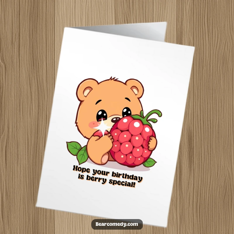 Funny Free Printable birthday card, bear curiously sniffing giant sparkling berry, wide innocent eyes, sweet and humorous, downloadable.