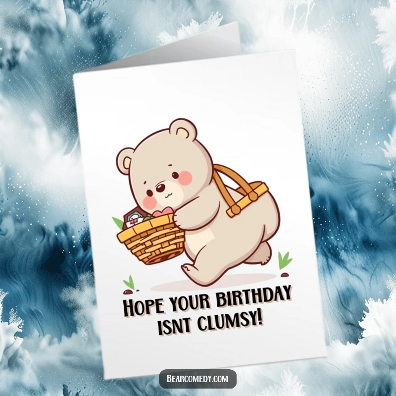 Funny Free Printable Birthday Card: A playful bear hilariously tripping with an oversized picnic basket, ready to celebrate a special day.