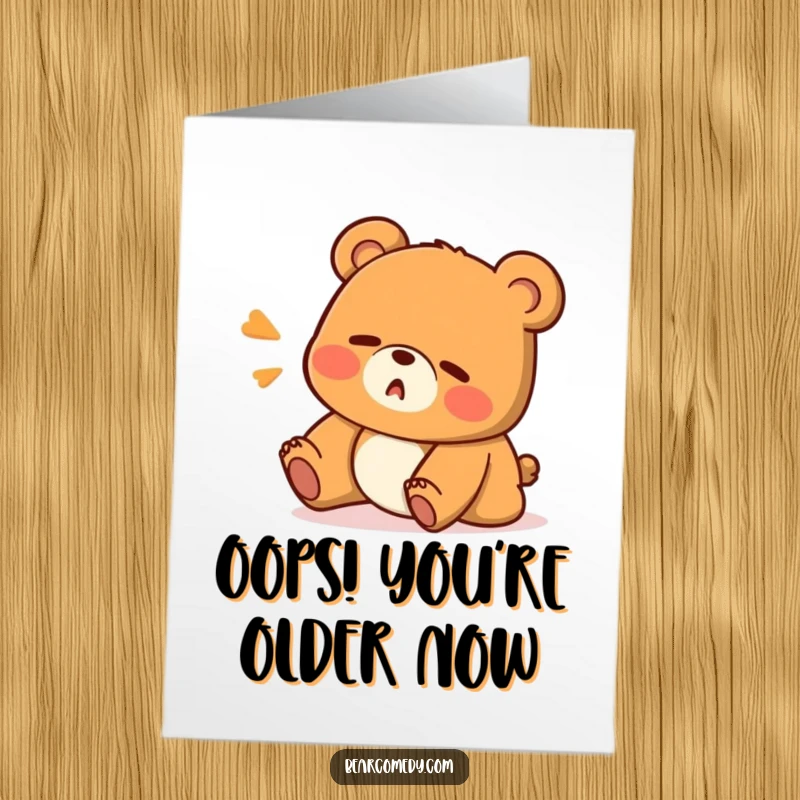 Funny free printable birthday card of a clumsy bear stumbling with a surprised oops expression, ready to download.