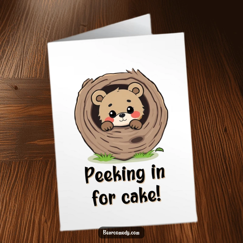 Funny Free Printable Birthday Card: Curious bear peeking gently from behind a large log, with kind eyes wishing happy birthday.