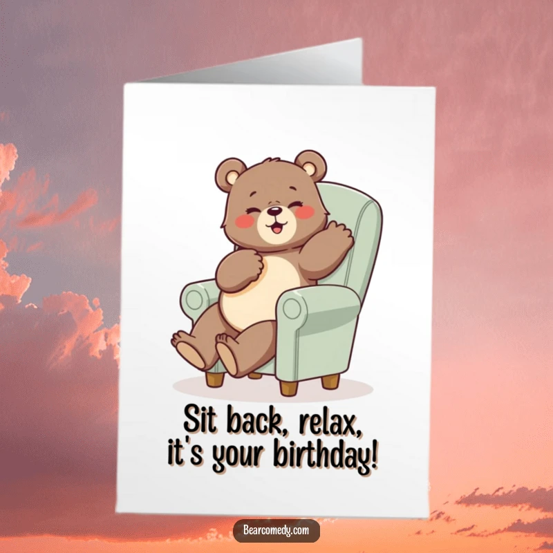 Funny Free Printable Birthday Card: Bear striking a comical pose while awkwardly perched on a comically tiny, oversized chair.