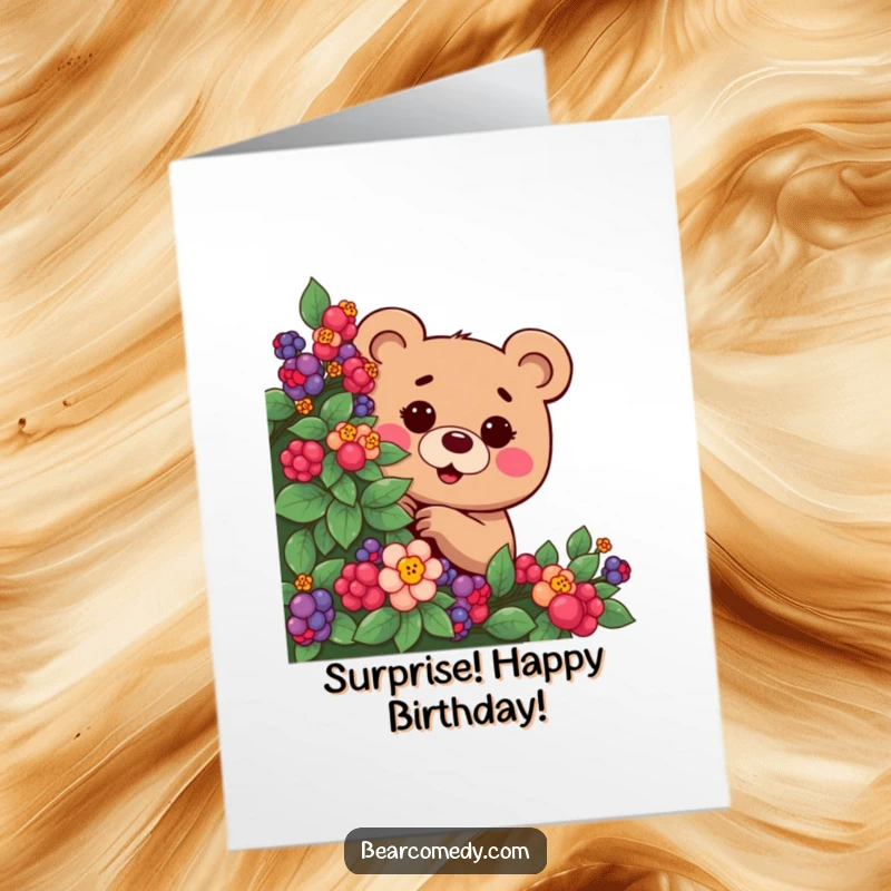 Funny Free Printable Birthday Card showing a mischievous bear peeking from behind a berry bush with a twinkle.