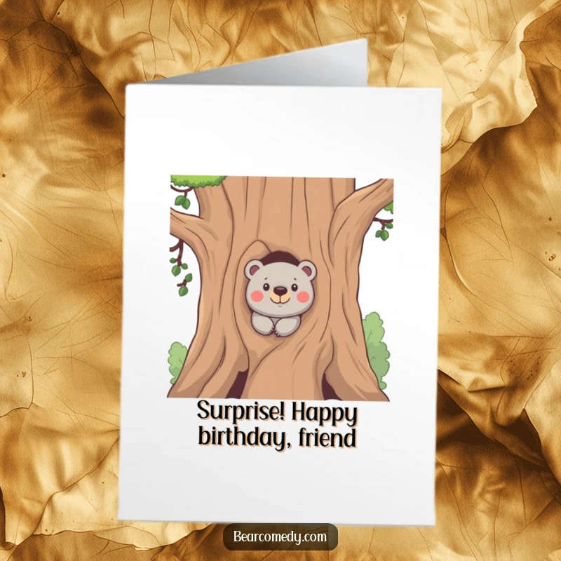 Funny free printable birthday card of a bear peeking mischievously from behind a large tree, ready for a surprise.