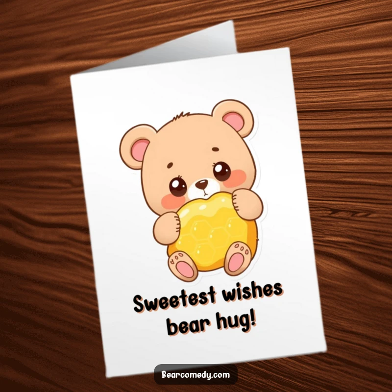Funny Free Printable Birthday Card: Adorable bear with big eyes hugging a huge honeycomb, spreading birthday cheer.