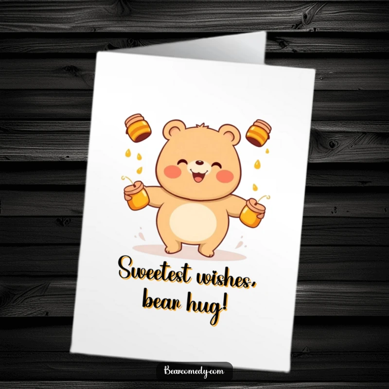 Funny Free Printable Birthday Card: A cheerful round bear happily juggling honey pots, ready to deliver birthday wishes.