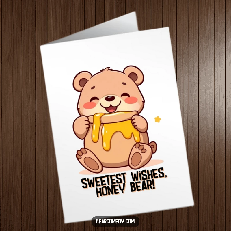 Funny Free Printable Birthday Card: A joyful bear with a huge grin hugging a giant pot of honey.