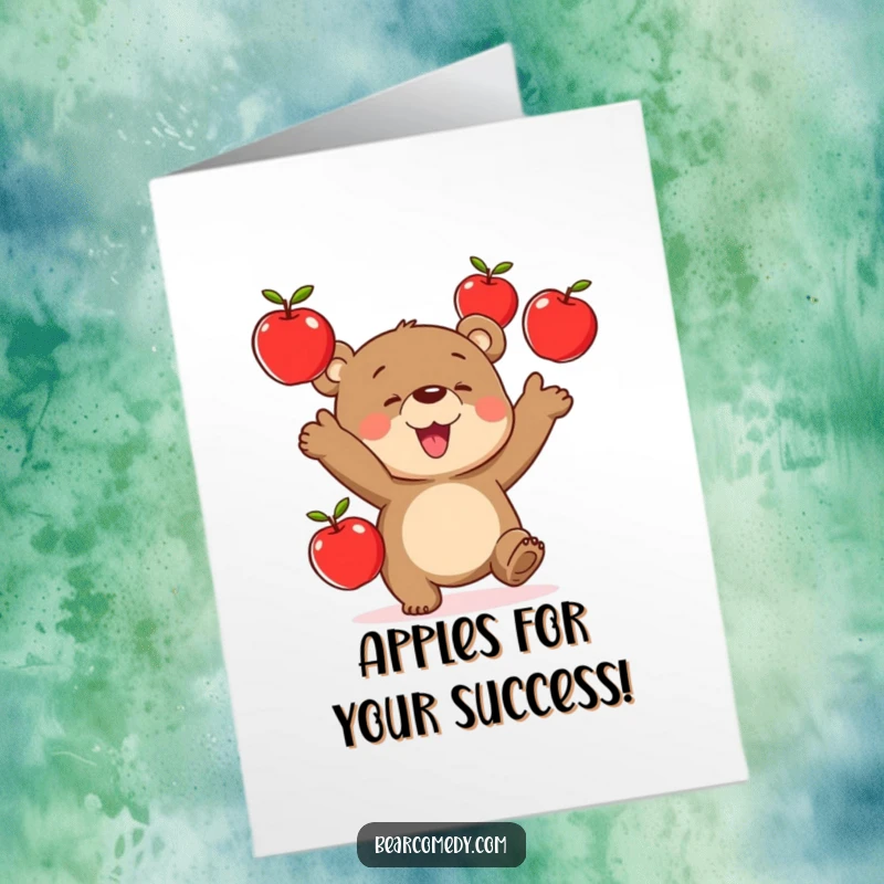 Funny Free Printable Congratulations Card: A bear with impressive skill juggles three bright red apples, celebrating success playfully.