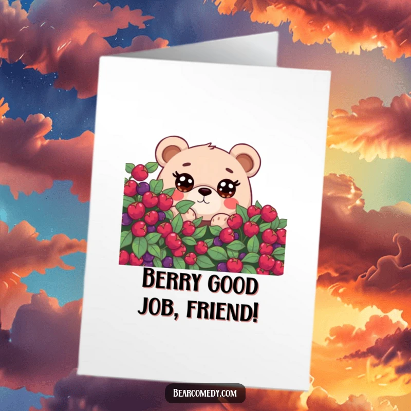 Funny Free Printable Congratulations Card: A bear with large, curious eyes peeking out from a berry bush, celebrating success.
